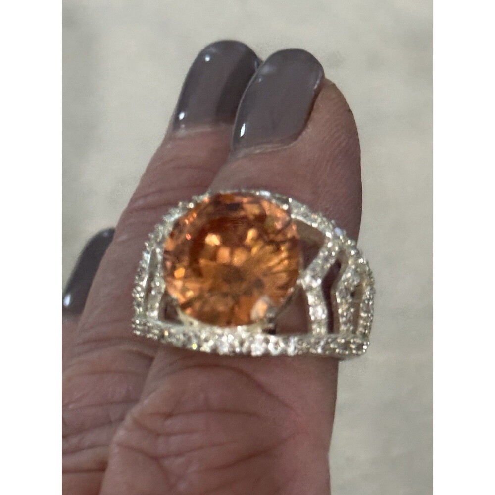 Orange Citrine 2.5KT W/Crystals Filigree .925 Silver Ring Sz 9.25
